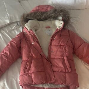 Old Navy Coral Puffer Jacket with Faux Fur Hood